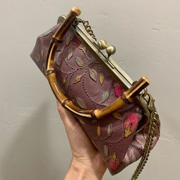 Handmade Genuine Leather Floral Embossed Real bamboo Handle Satchel/Crossbody - Picture 8 of 15